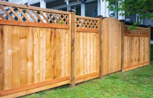 Nice wooden fence around house. Wooden fence with green lawn. Street photo, nobody, selective focus