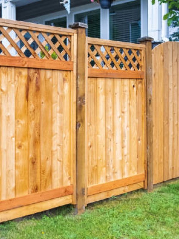 Nice wooden fence around house. Wooden fence with green lawn. Street photo, nobody, selective focus